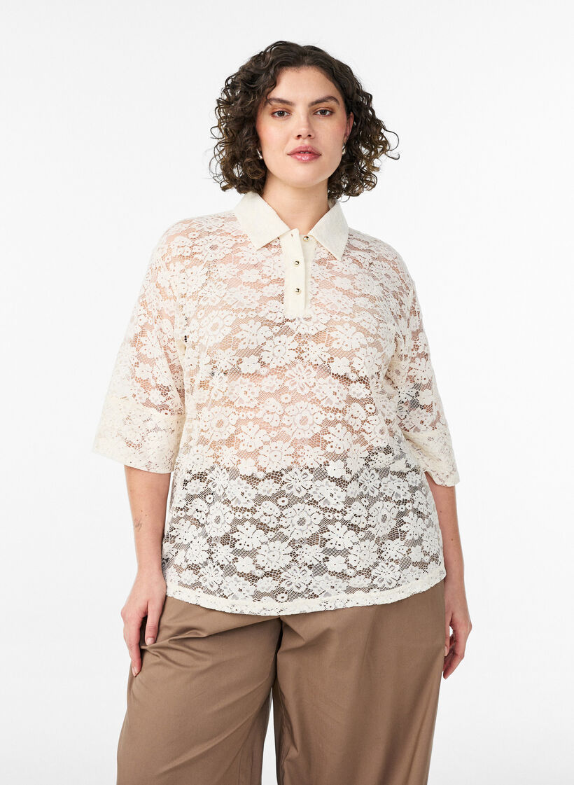 Lace blouse with collar and 1/2 sleeves, Vanilla, Model image number 0