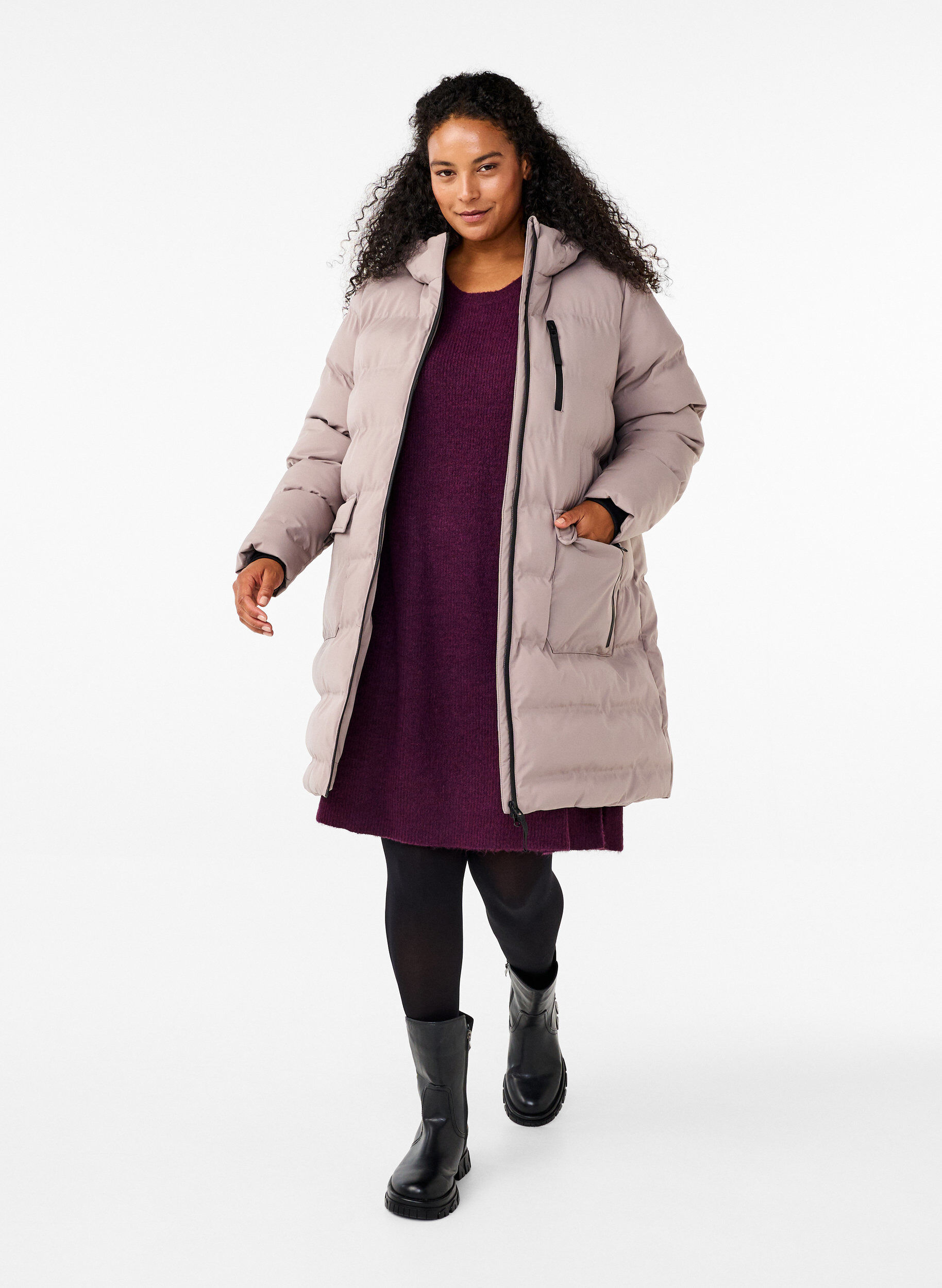 Zizzifashion Puffer coat with hood and pockets, Beige, Model image number 1