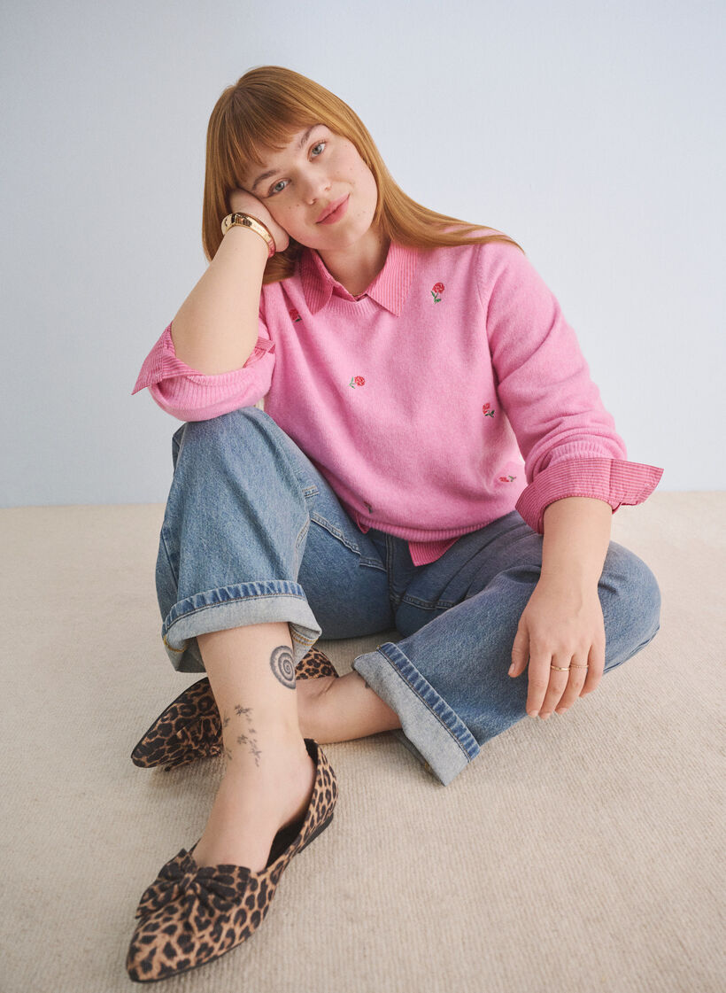 Knitted blouse with flowers and 3/4 sleeves, Begonia Pink Mel., Image image number 0