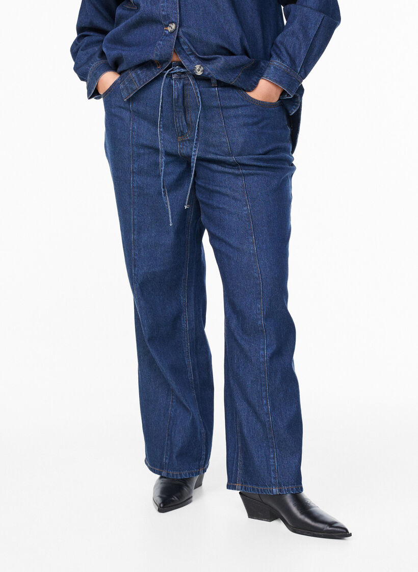 Wide leg jeans with tie belt and high waist, Blue, Model image number 2