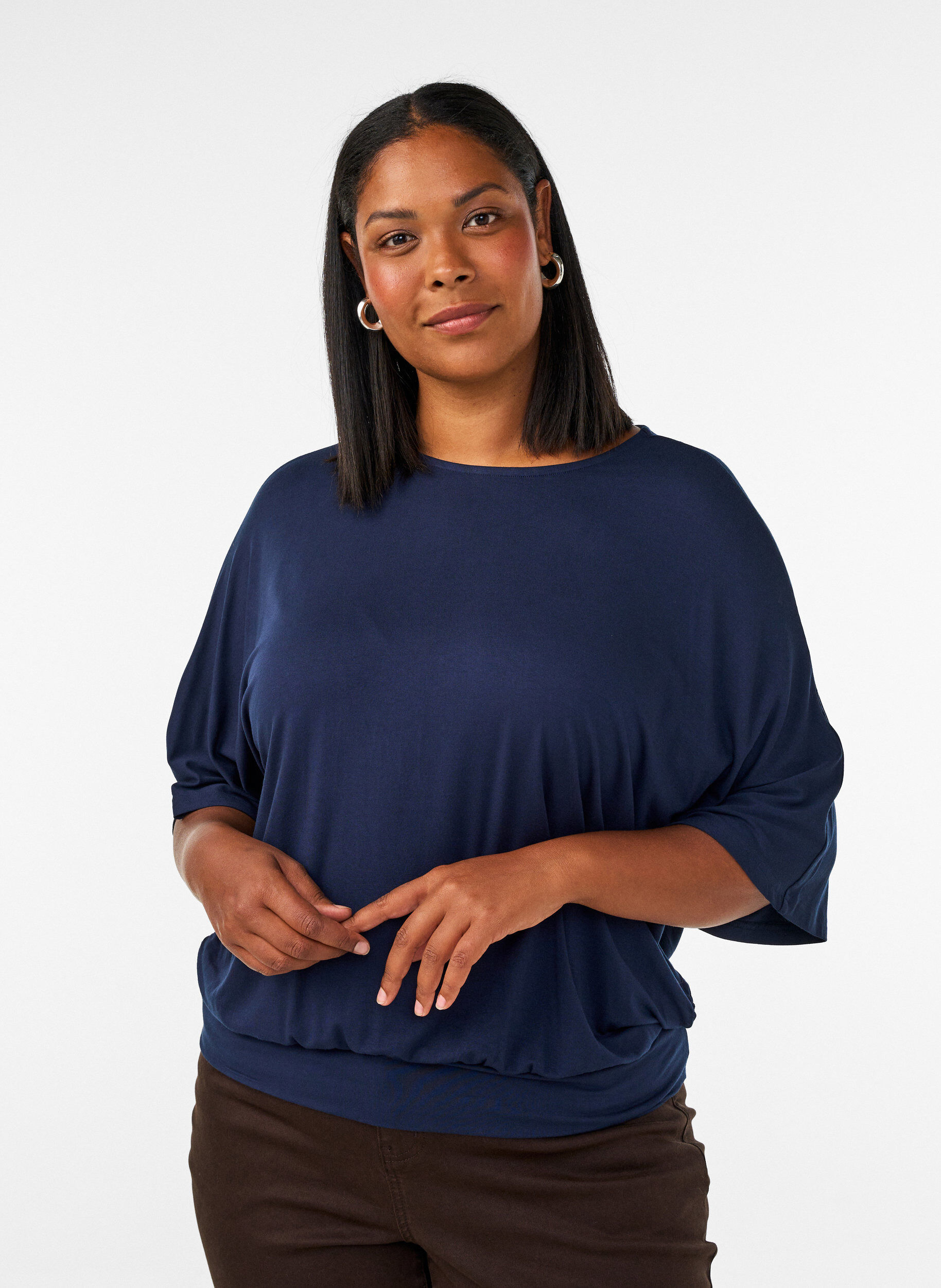ZizzifashionJersey blouse with elbow-length balloon sleeves, Blue, Model image number 0
