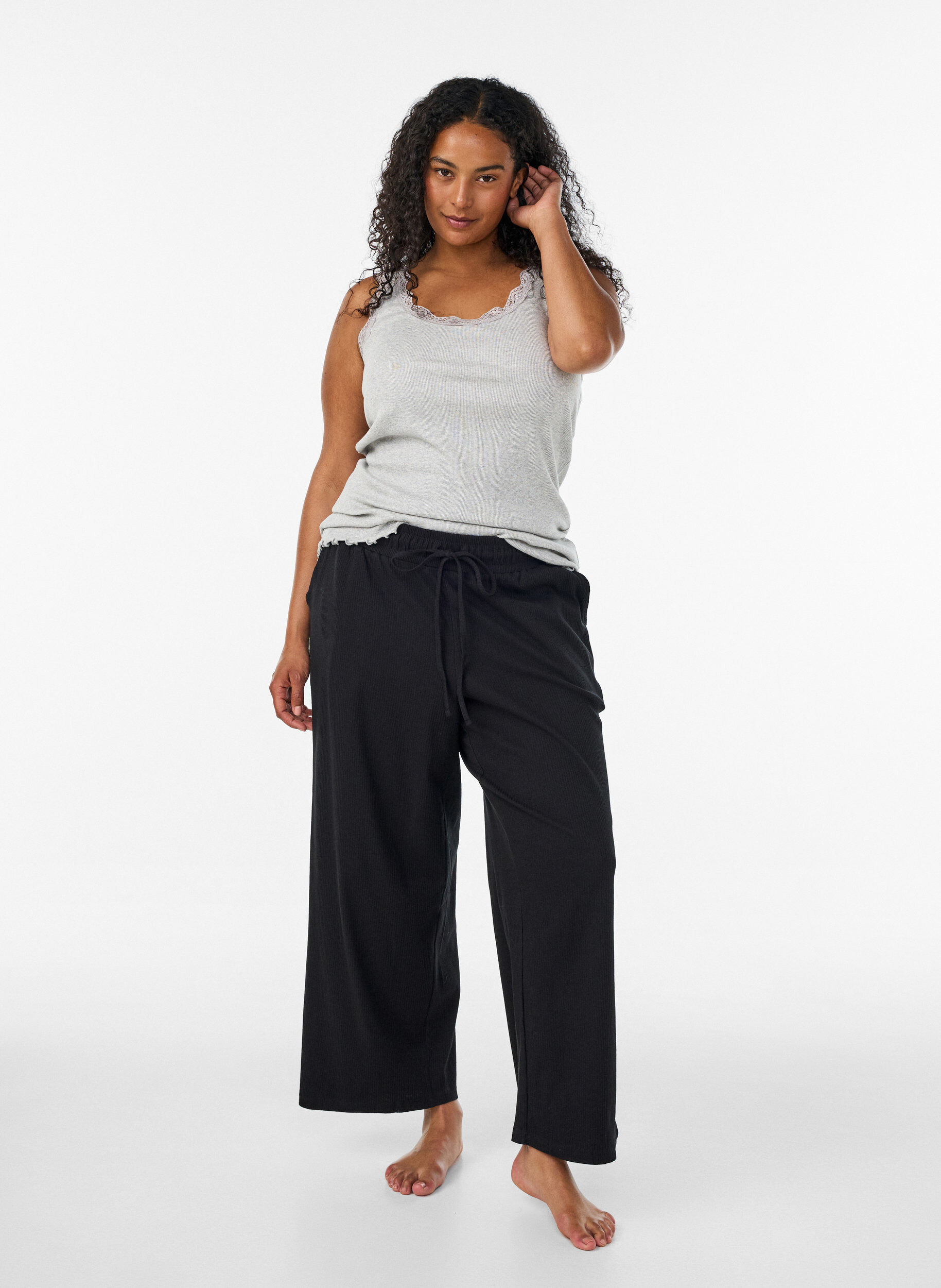 ZizzifashionRibbed top with lace trim, Grey, Model image number 1