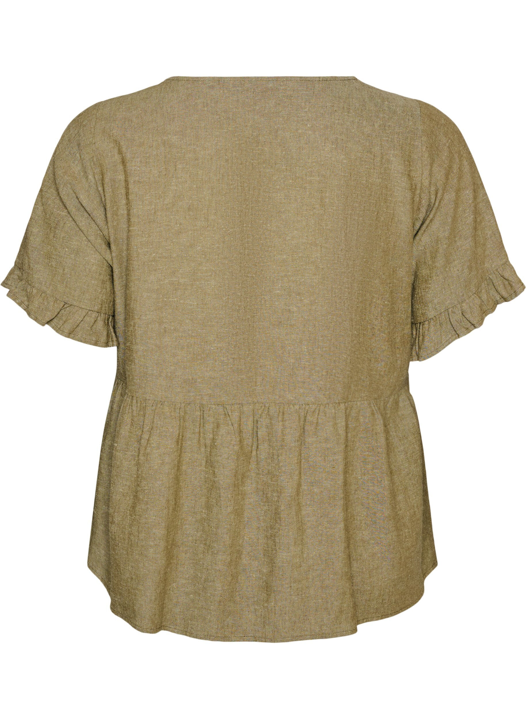 Zizzifashion Blouse in linen and viscose with a V-neck and button fastening, Green, Packshot image number 1