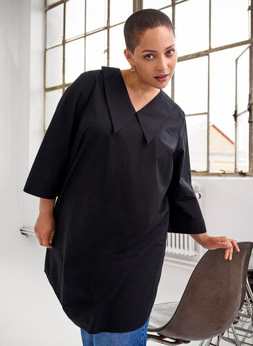 Cotton tunic with large collar, Black, Image image number 1