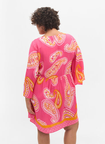 Printed viscose tunic with 3/4 sleeves, Pink Paisley, Model image number 1
