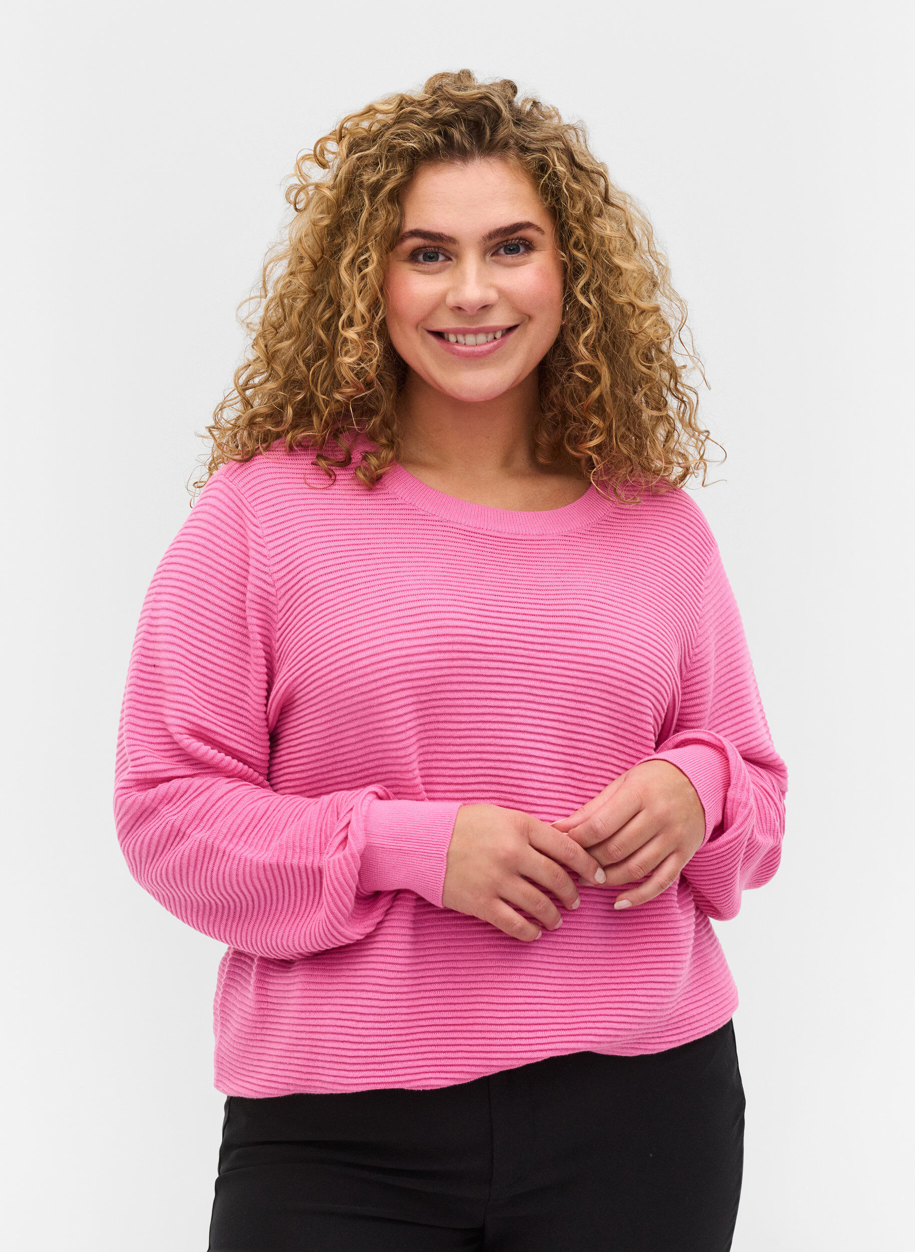 Zizzifashion Long-sleeved knitted blouse in organic cotton, Wild Orchid, Model image number 0