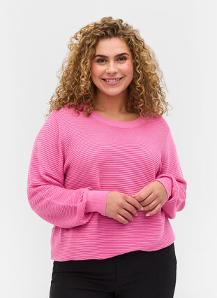 Long-sleeved knitted blouse in organic cotton, Wild Orchid, Model image number 0