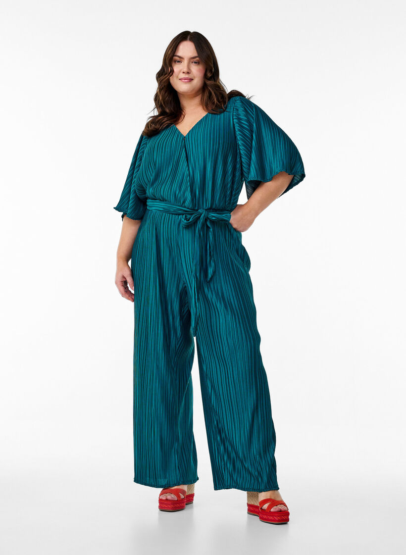 Pleated jumpsuit with tie and wide sleeves, Blue, Model image number 0