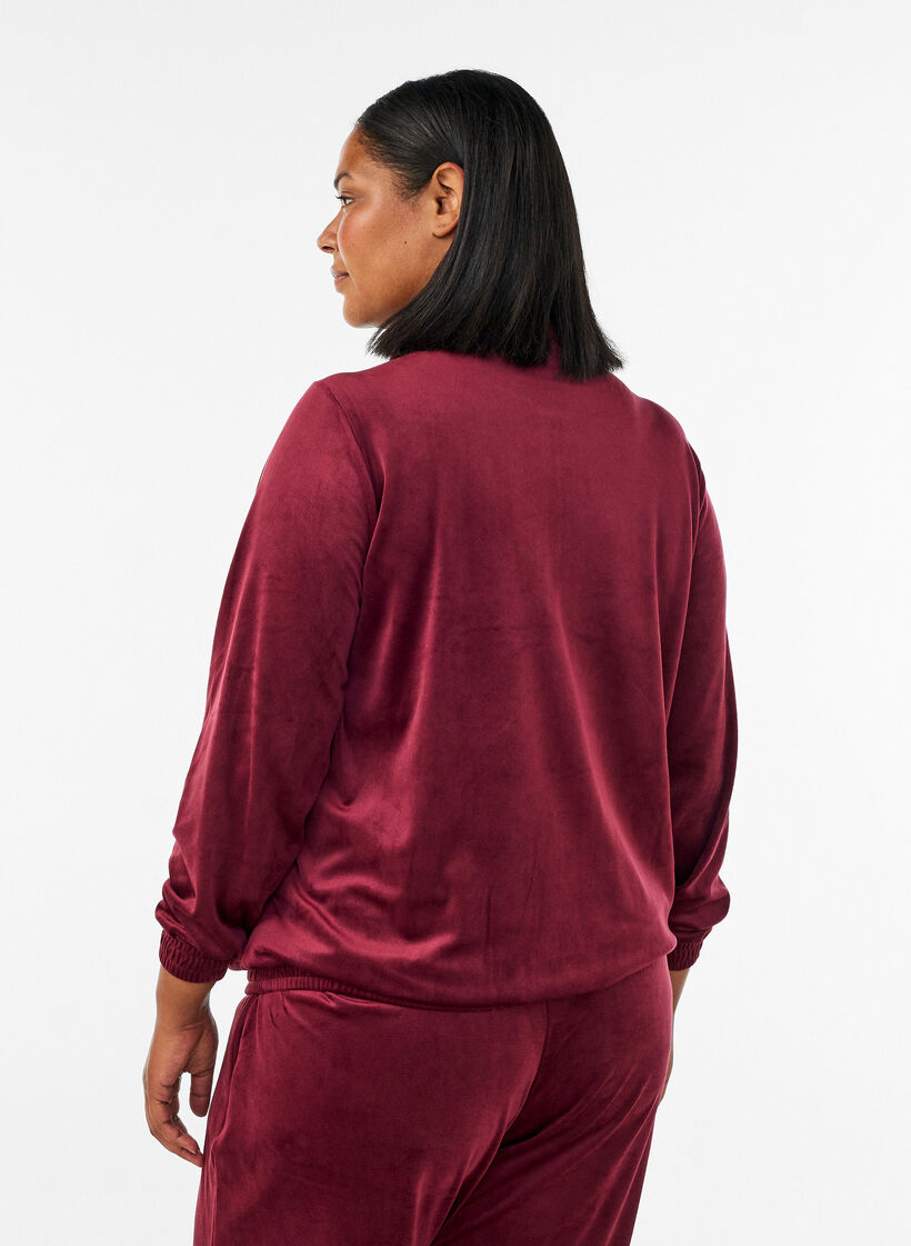 Soft velour cardigan with a zipper and high collar, Red, Model image number 2