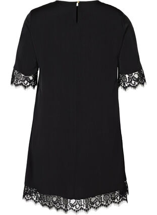 Short-sleeved dress with lace details, Black, Packshot image number 1