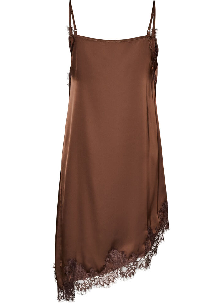 Satin dress with lace and an asymmetrical hem, Brown, Packshot image number 1