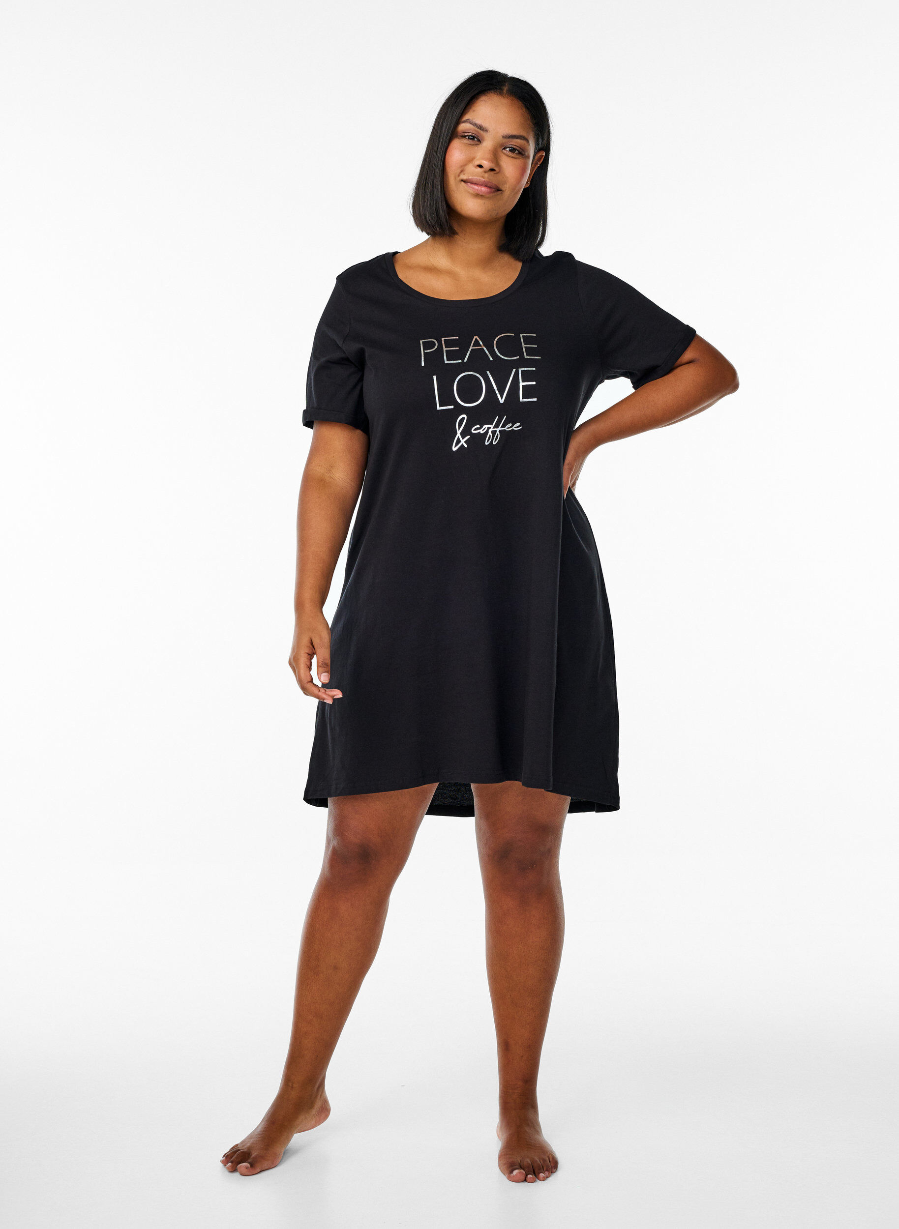 ZizzifashionShort-sleeved nightgown in organic cotton, Black, Model image number 1