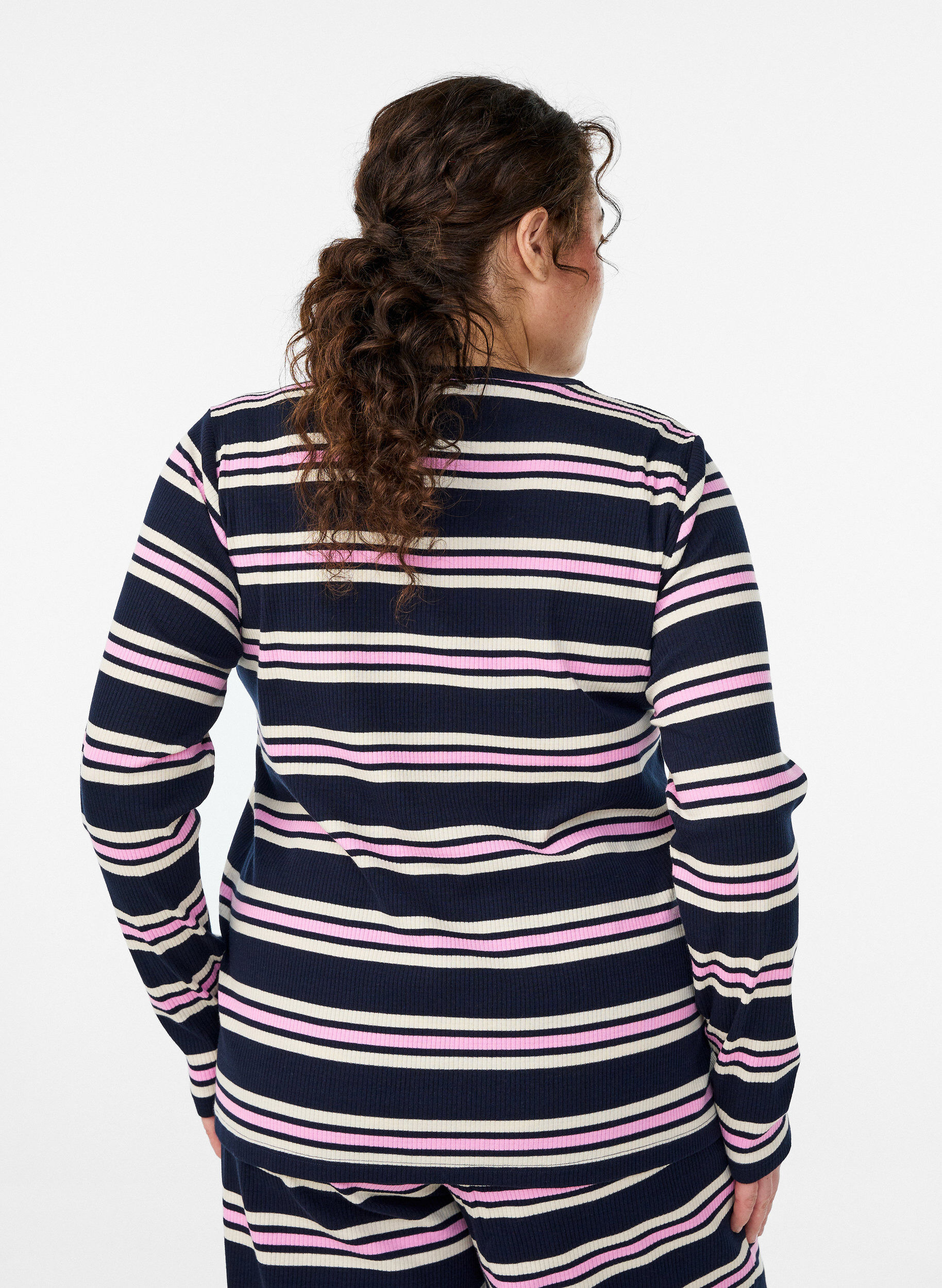 Zizzifashion Long-sleeved night top in ribbed jersey with stripes, Blue, Model image number 2