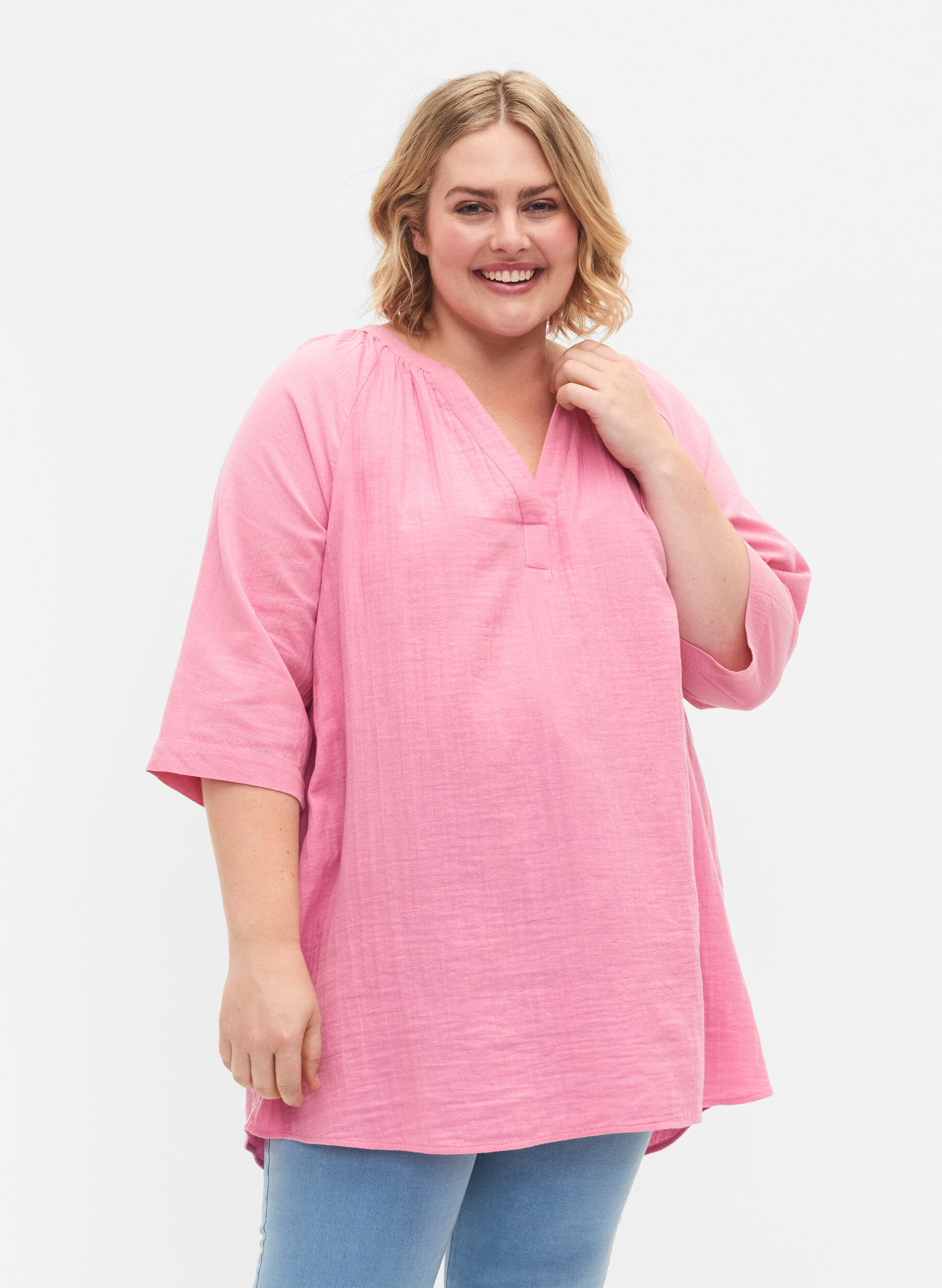 Zizzifashion 3/4 sleeve tunic in cotton, Rosebloom, Model image number 0