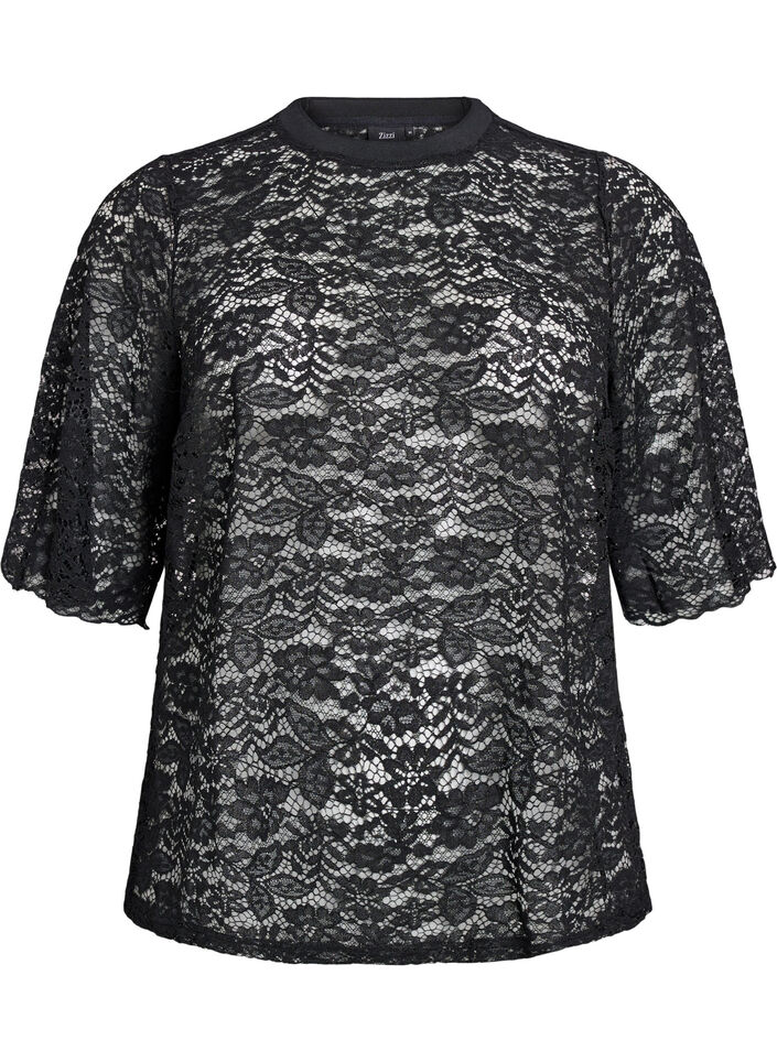 Lace blouse with short sleeves and round neck, Black, Packshot
