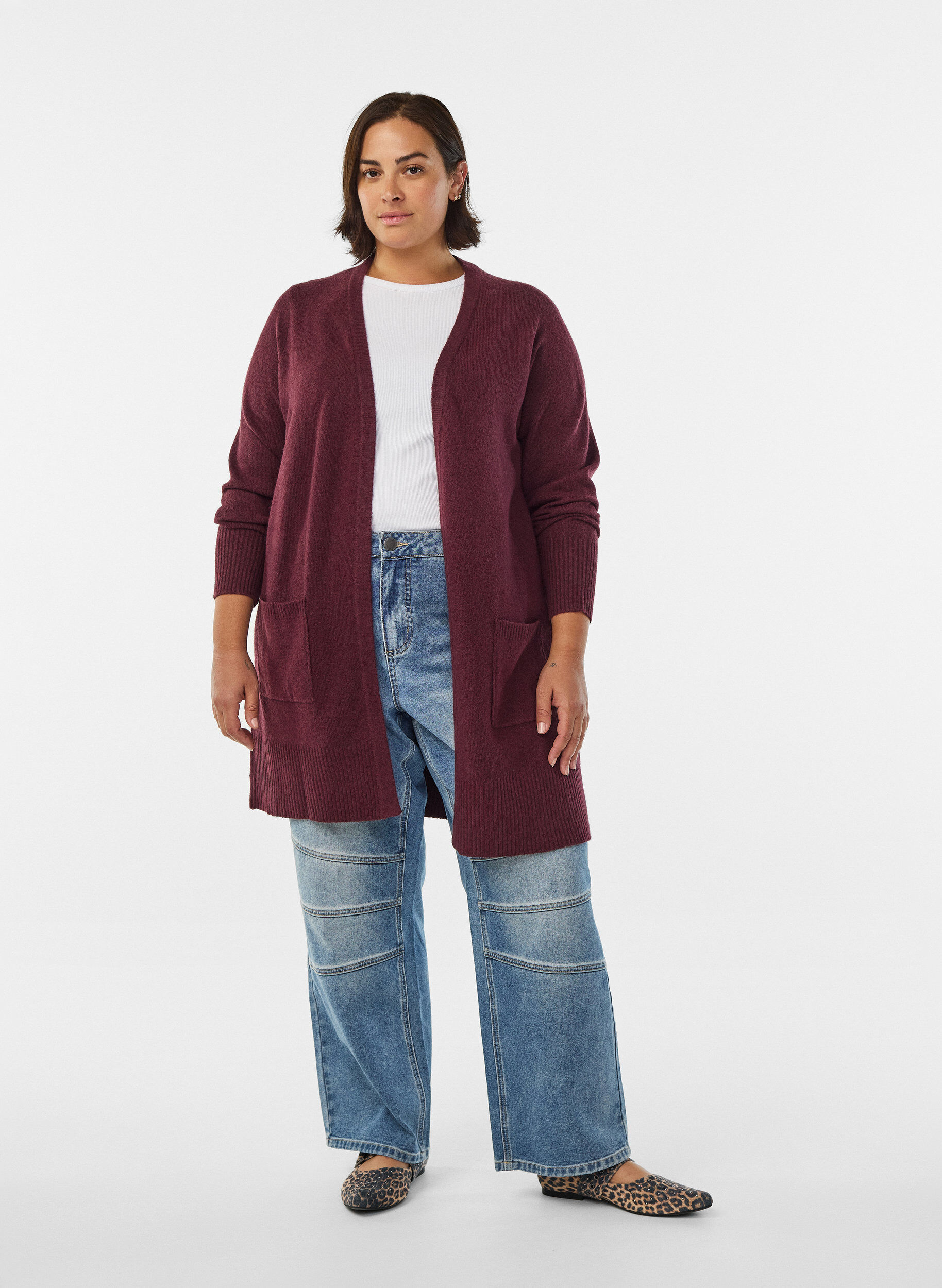 Zizzifashion Ribbed Knit Cardigan with Pockets, Dark Bordeaux, Model image number 1