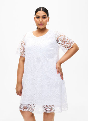Short-sleeved lace party dress, Bright White, Model image number 0
