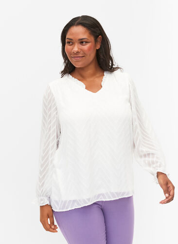 Blouse with long sleeves and frill details, Bright White, Model image number 0