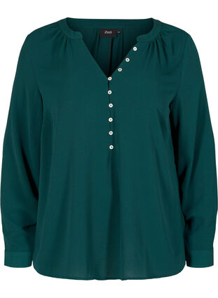 V-neck blouse with button details, Ponderosa Pine, Packshot image number 0