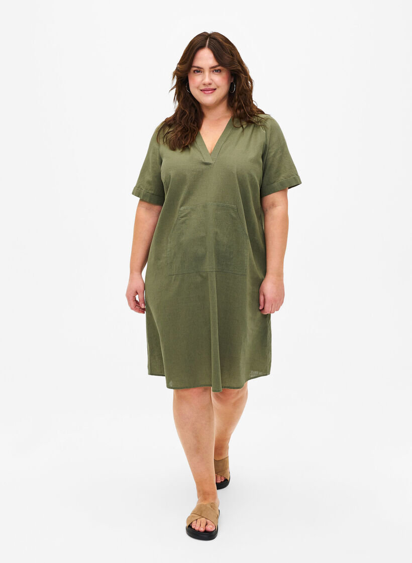 Cotton blend hooded dress with linen, Deep Lichen Green, Model image number 2