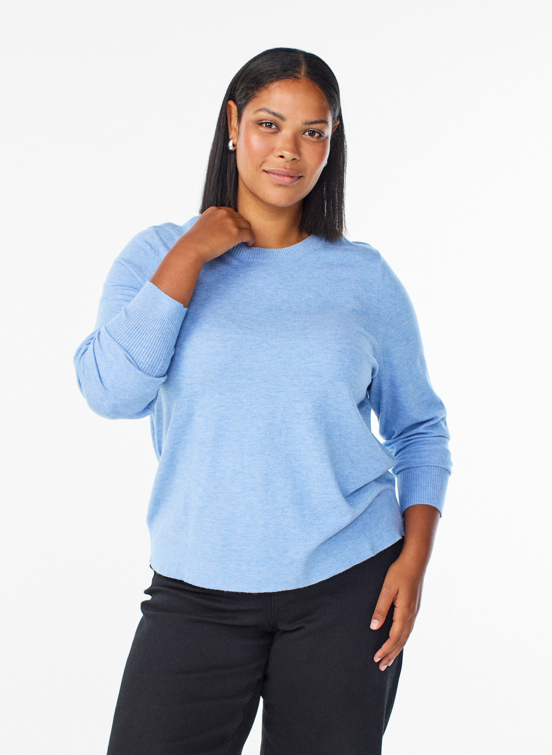FLASH - Knitted blouse with a round neck, Blue, Model