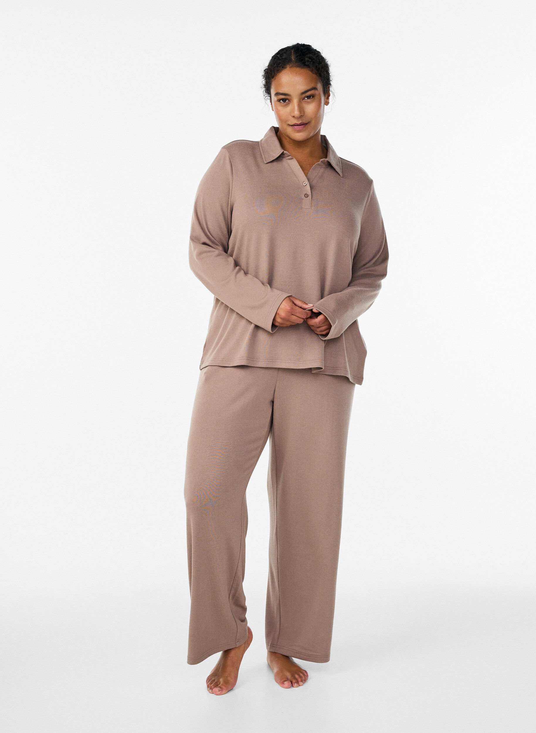 Zizzifashion Long-sleeved jersey blouse with collar, Brown, Model image number 1