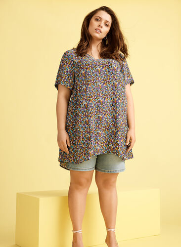 Floral viscose tunic with short sleeves, Ditsy AOP, Image image number 1