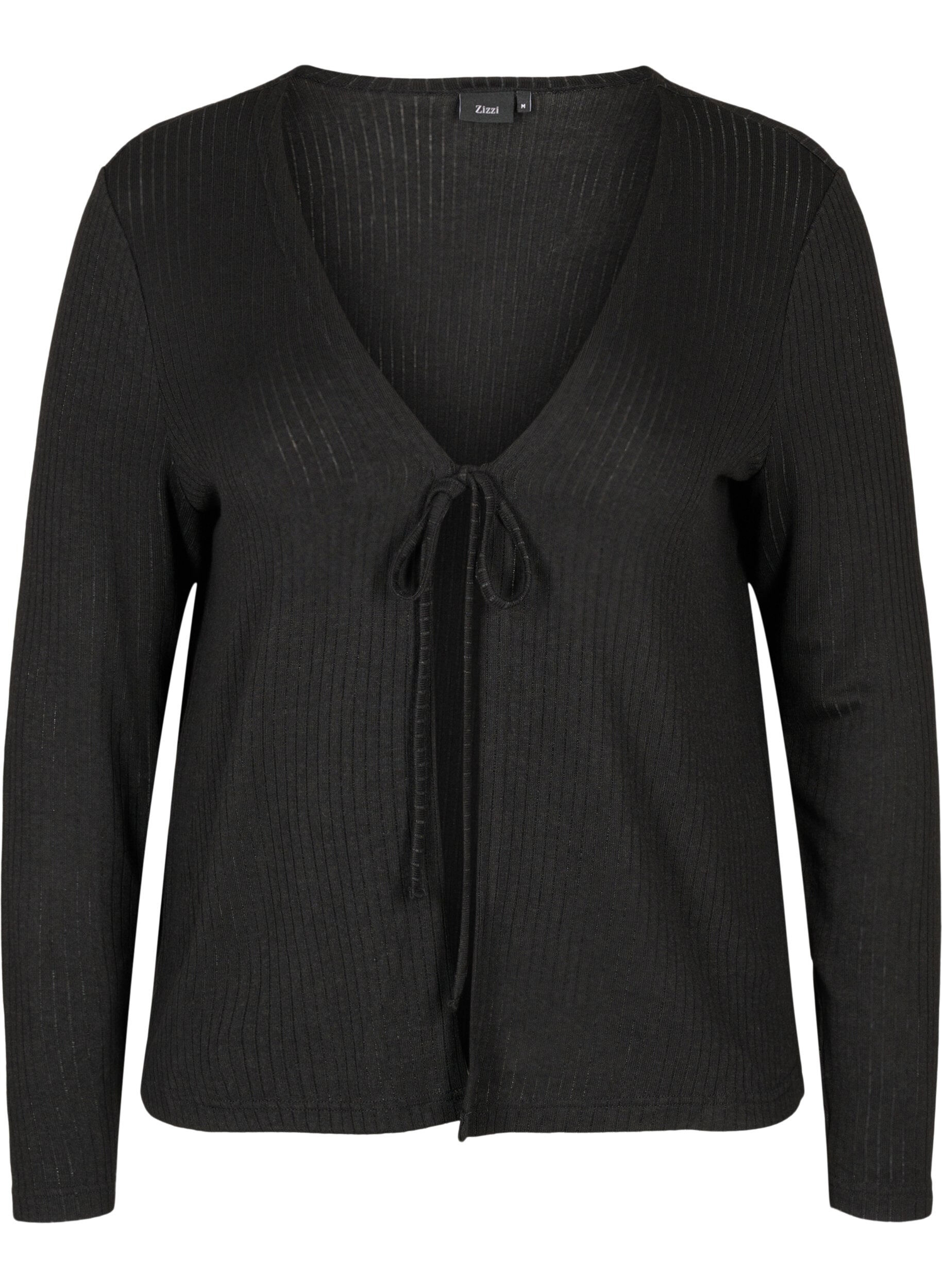 Zizzifashion Ribbed cardigan with tie-string, Black, Packshot image number 0