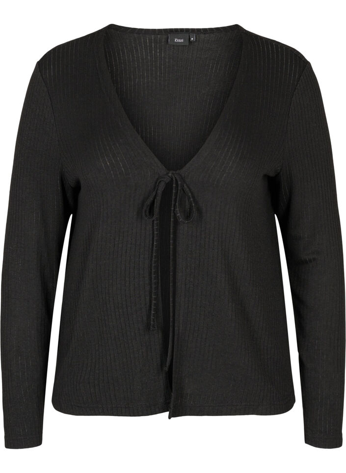 Ribbed cardigan with tie-string, Black, Packshot image number 0