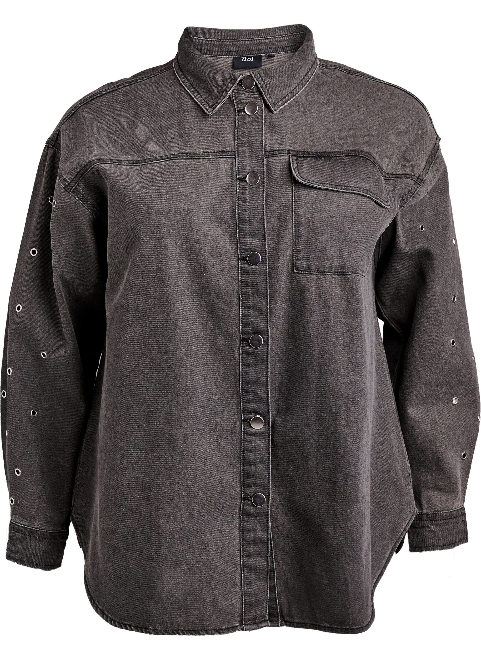 Zizzifashion Denim shirt with eyelets on the sleeves, Grey Denim, Packshot image number 0