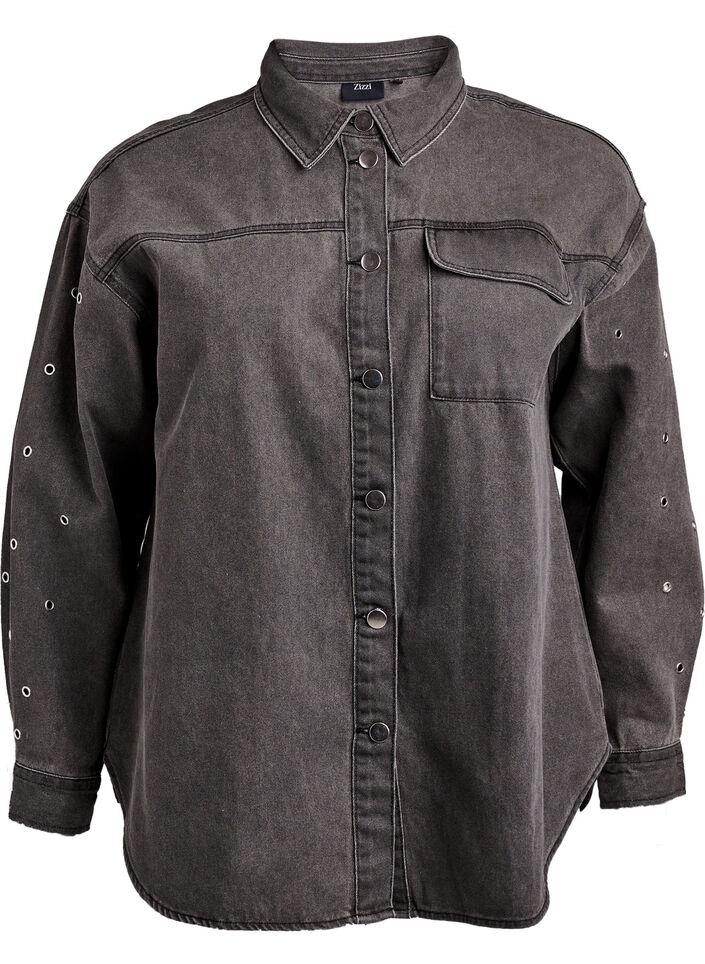 Denim shirt with eyelets on the sleeves, Grey Denim, Packshot image number 0