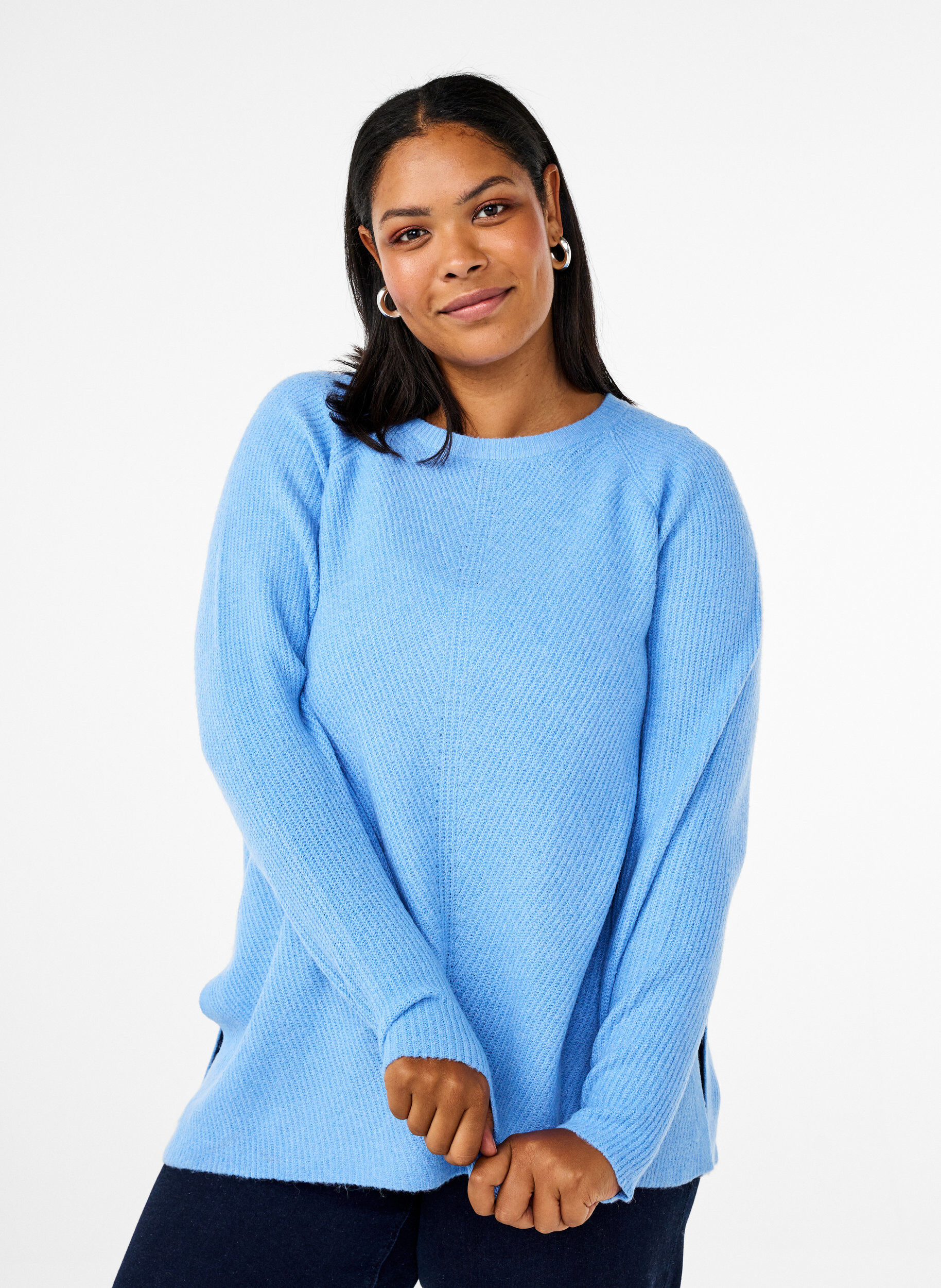 Zizzifashion Knitted blouse with round neck, Della R. Blue Mel., Model image number 0