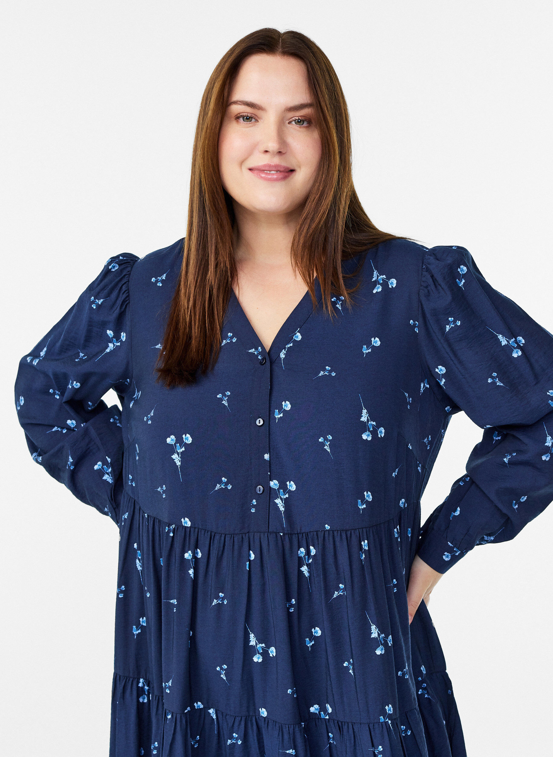 Zizzifashion Midi dress with v-neck and A-line shape, Blue, Model image number 2