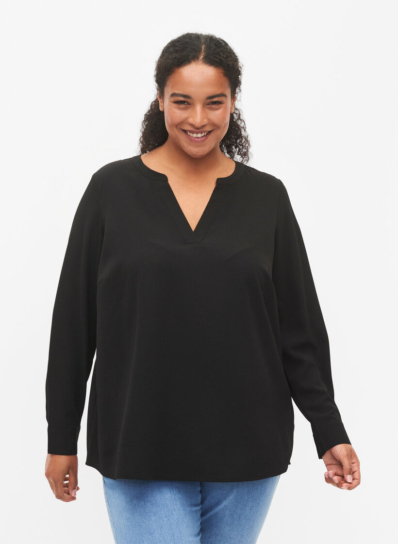 Long-sleeved blouse with lace detail (GRS), Black, Model image number 0