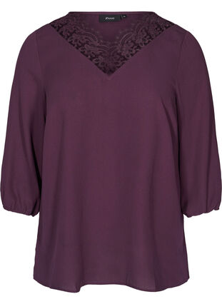 Solid-coloured 3/4 sleeve blouse with lace, Plum Perfect, Packshot image number 0