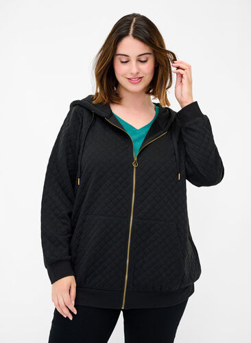 Sweater cardigan with a hood a zip, Black, Model image number 0