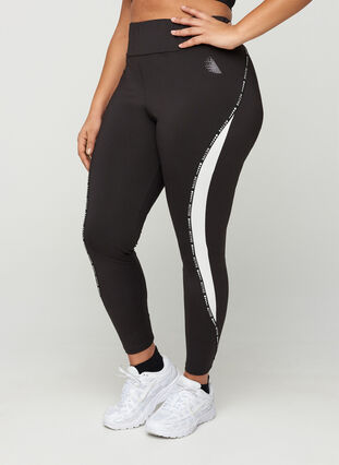 Cropped exercise tights with print details on the side, Black, Model image number 2