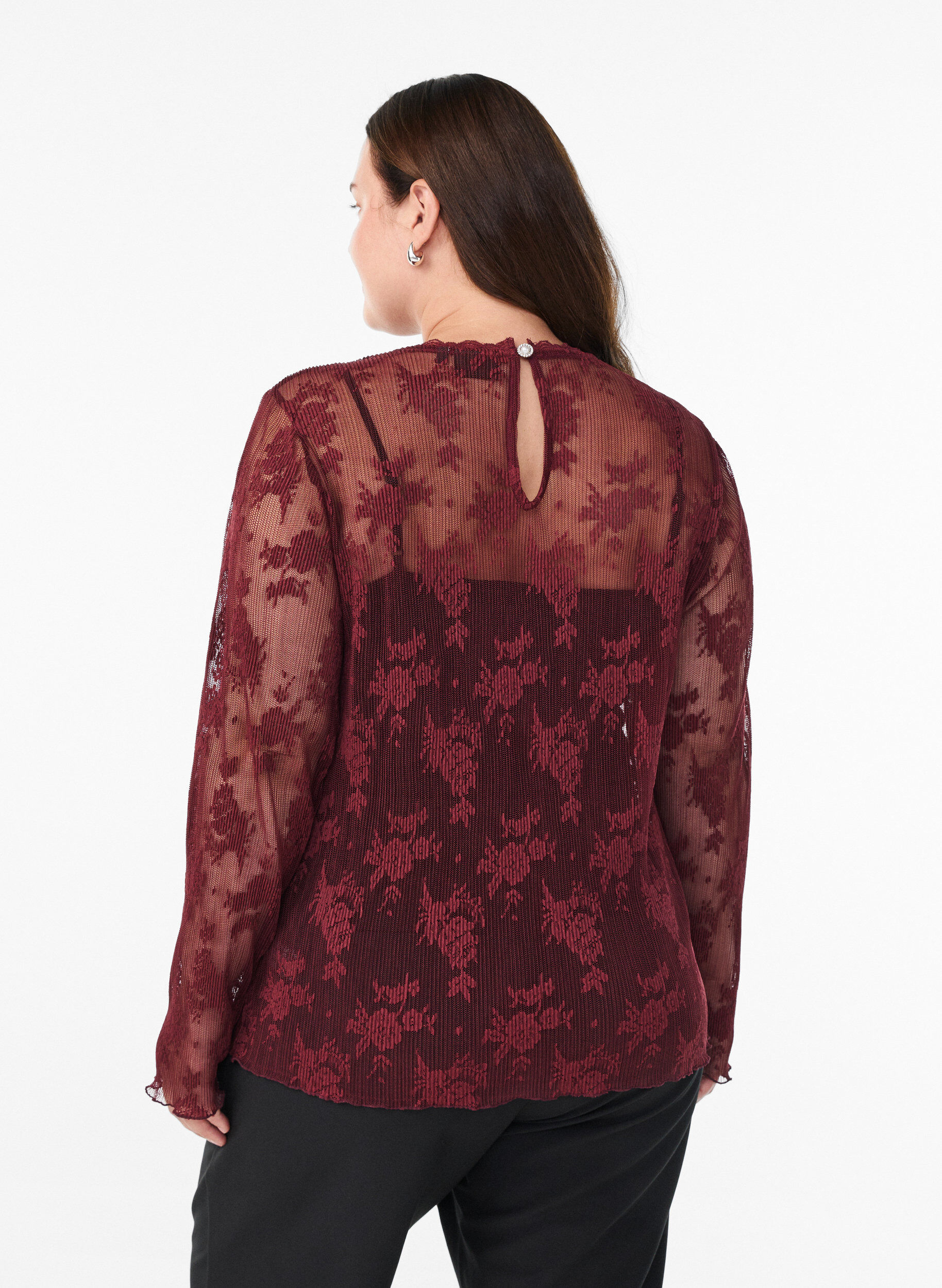 Zizzifashion Long-sleeved mesh blouse with lace pattern, Dark Bordeaux, Model image number 2