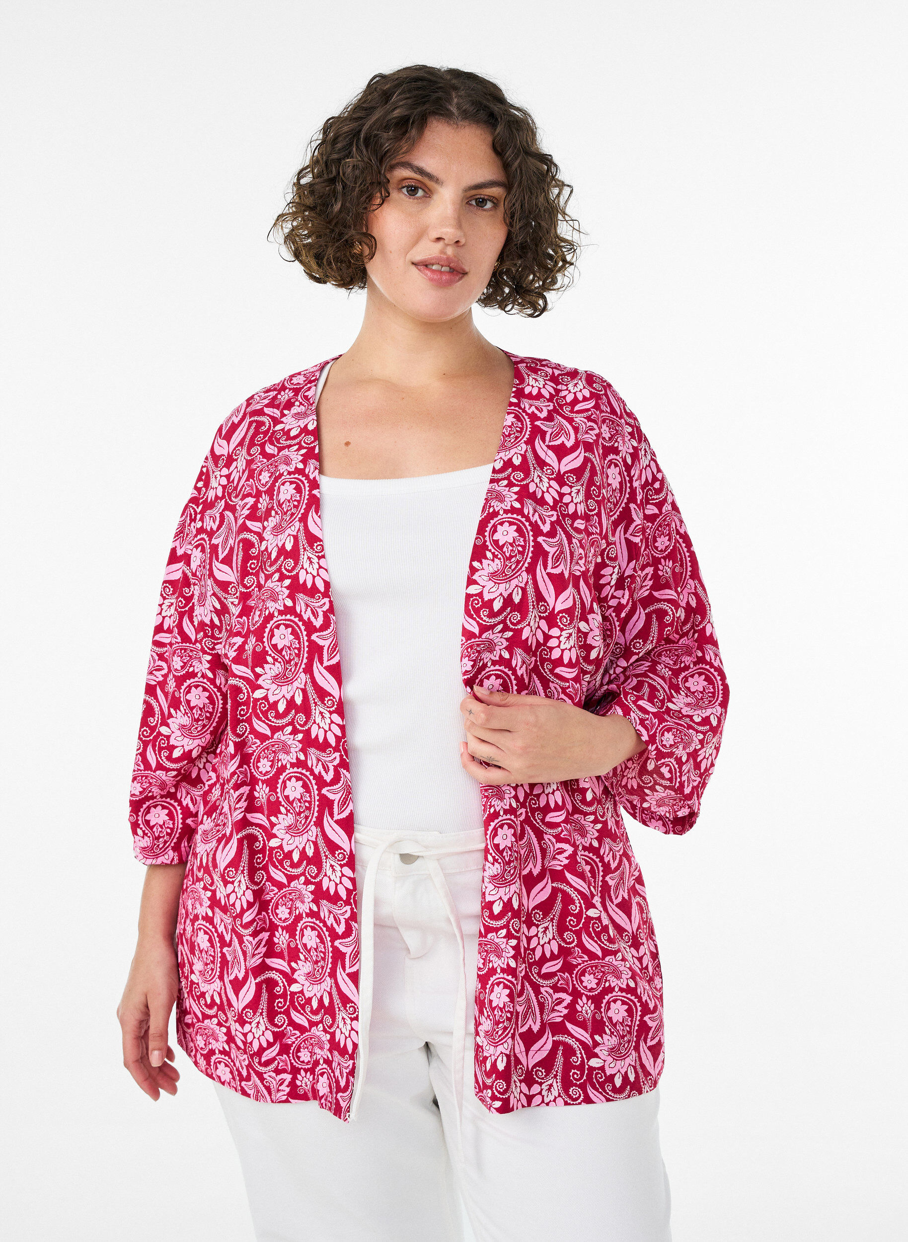 Zizzifashion Short viscose kimono with 3/4 sleeves, Pink, Model image number 0