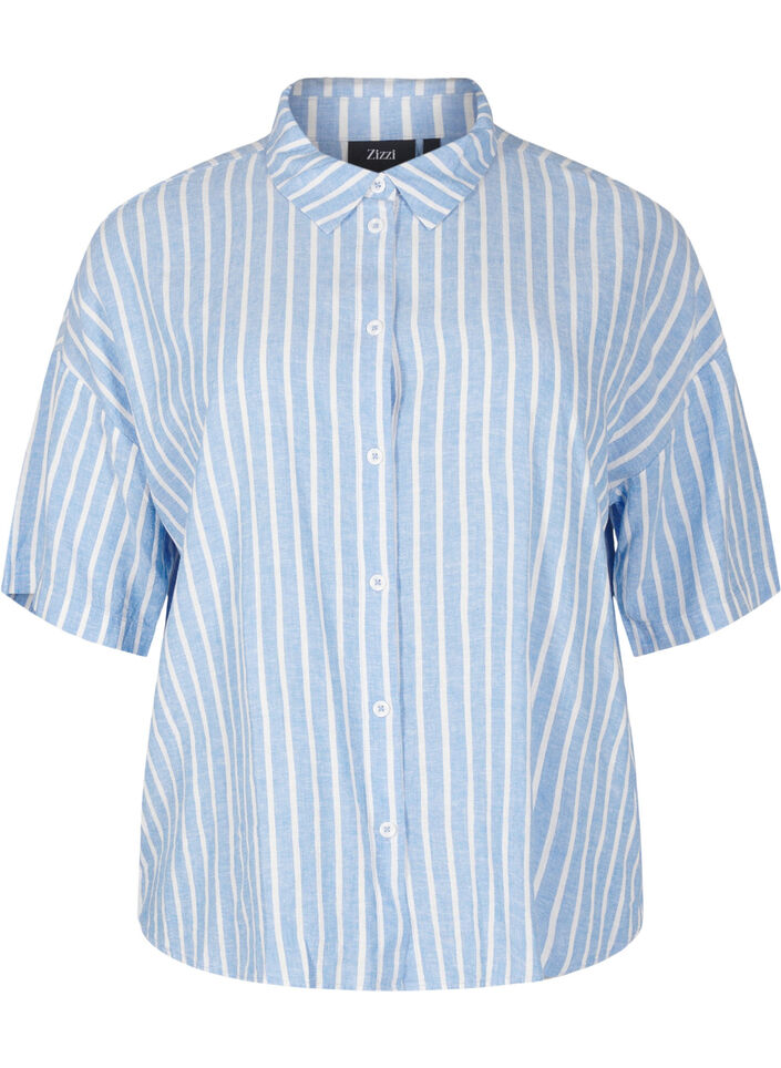 Striped shirt in linen and viscose, Light Blue, Packshot image number 0