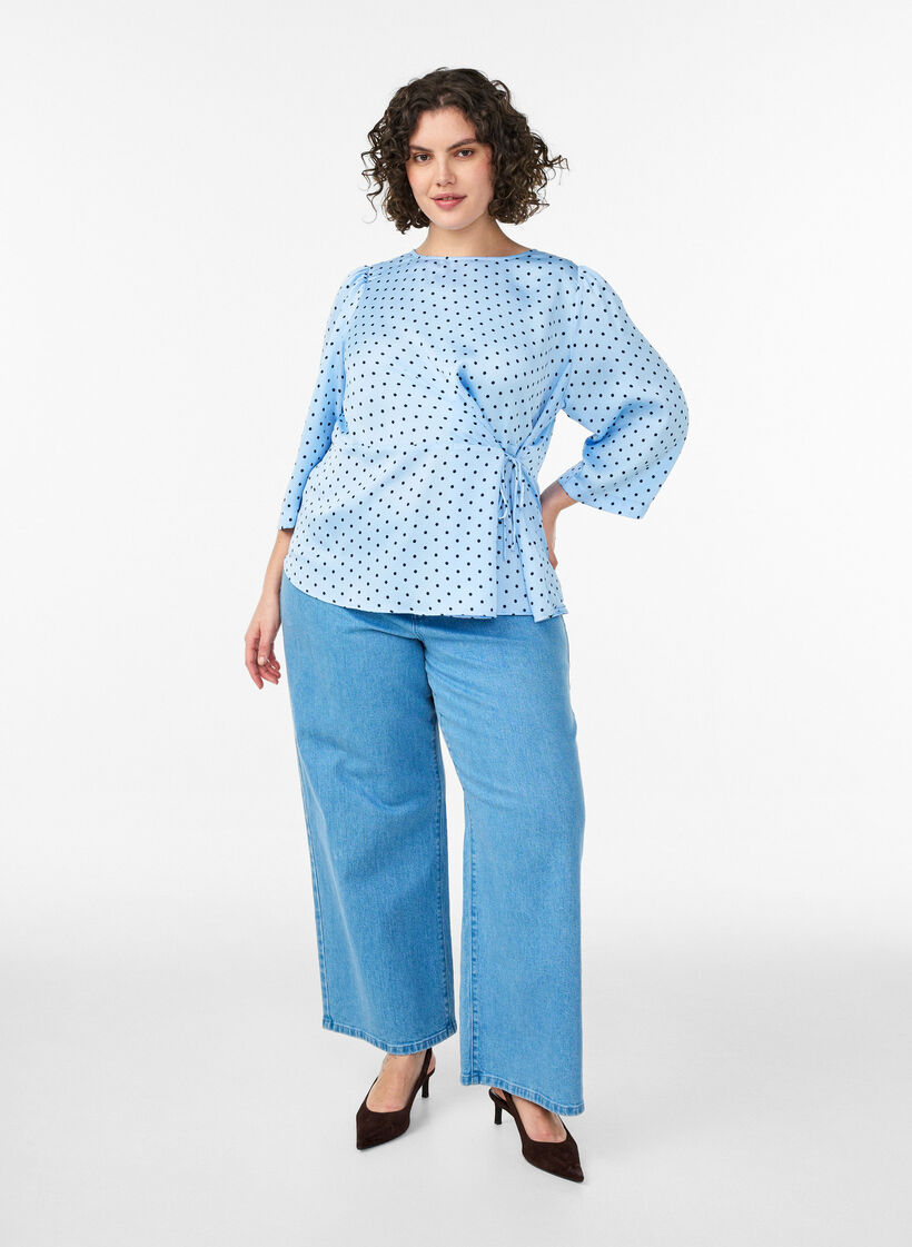 Polka dot blouse with tie-fastening and 3/4-sleeves, Light Blue, Model image number 1