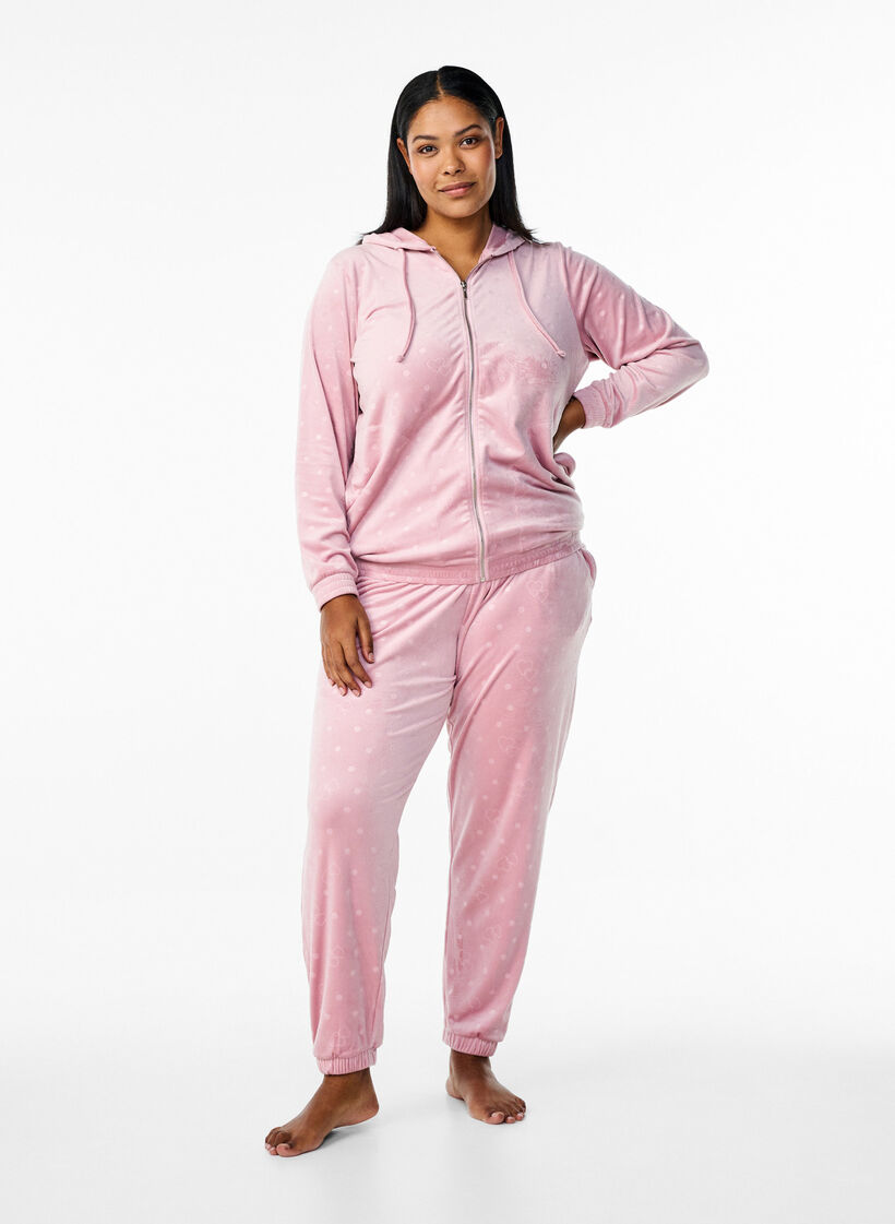 Velour cardigan with hood and pockets, Pink, Model image number 1