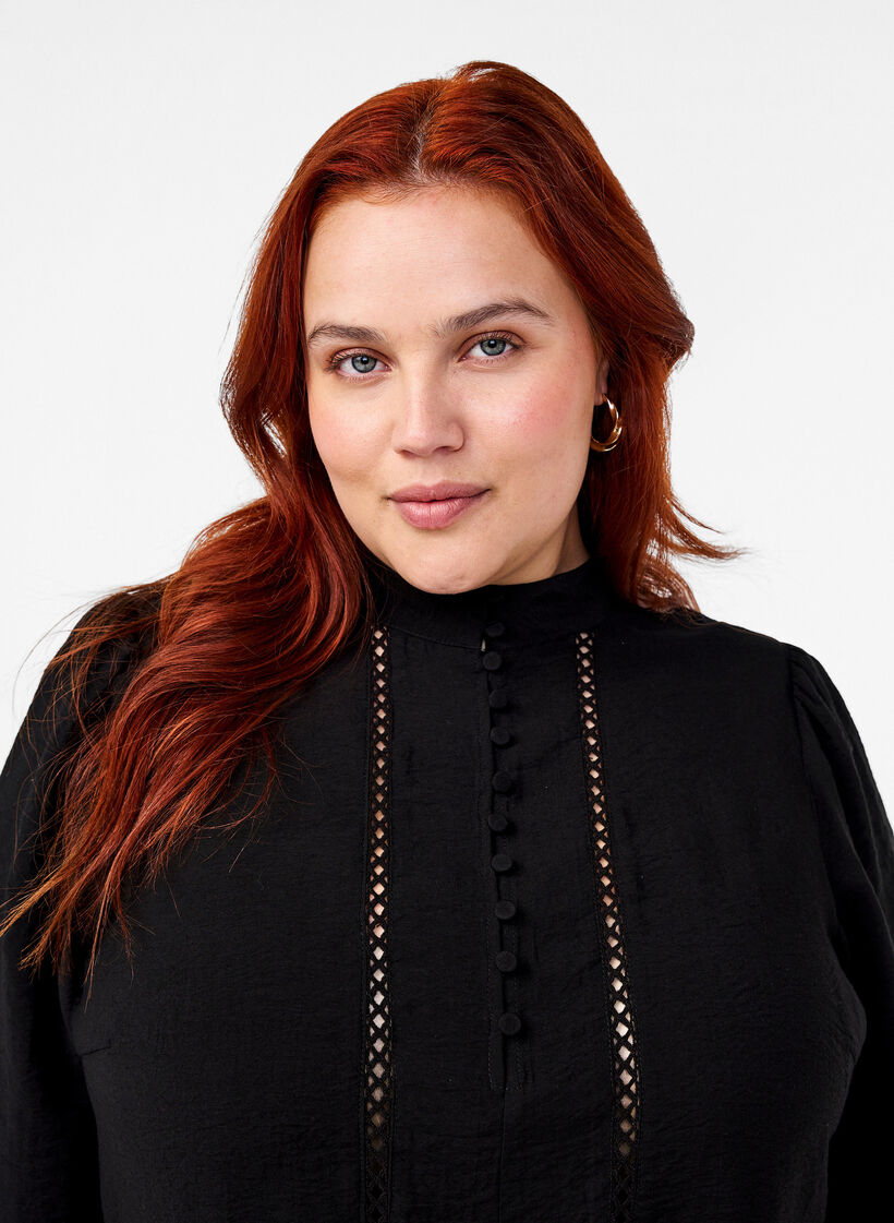 Knee-length dress with embroidery and 3/4 sleeves, Black, Model image number 2