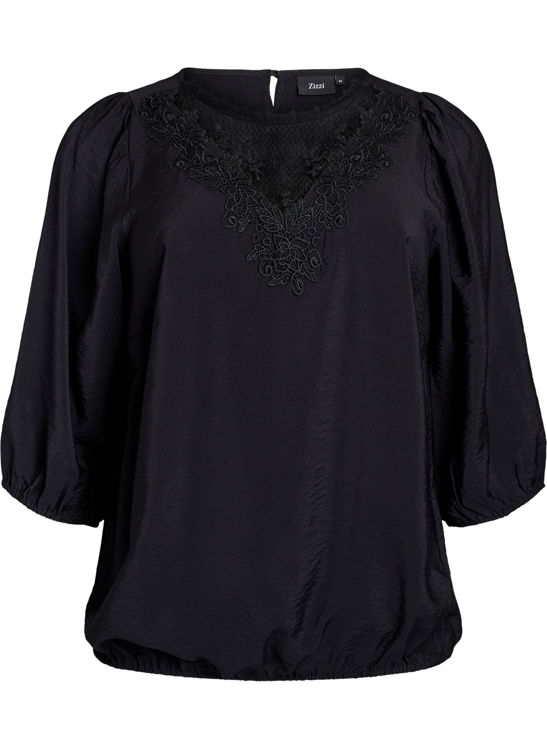 ZizzifashionBlouse with 3/4 sleeves and lace details, Black, Packshot image number 0