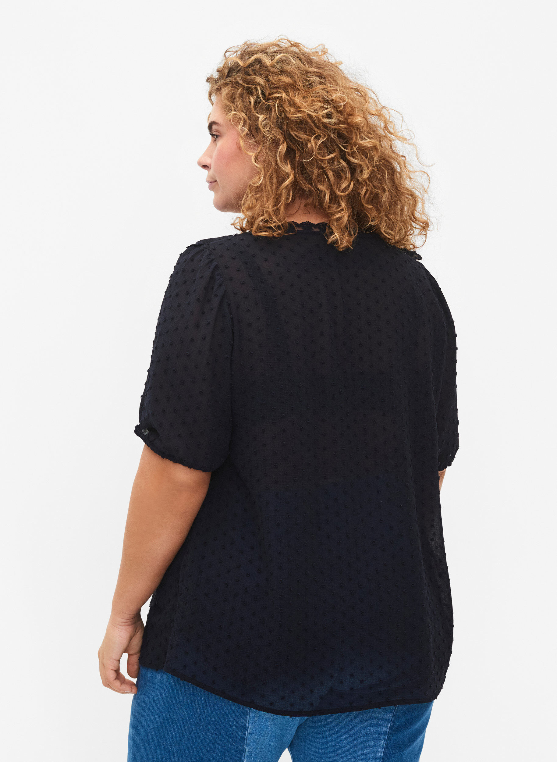Zizzifashion Blouse with short sleeves and dotted structure, Night Sky, Model image number 1