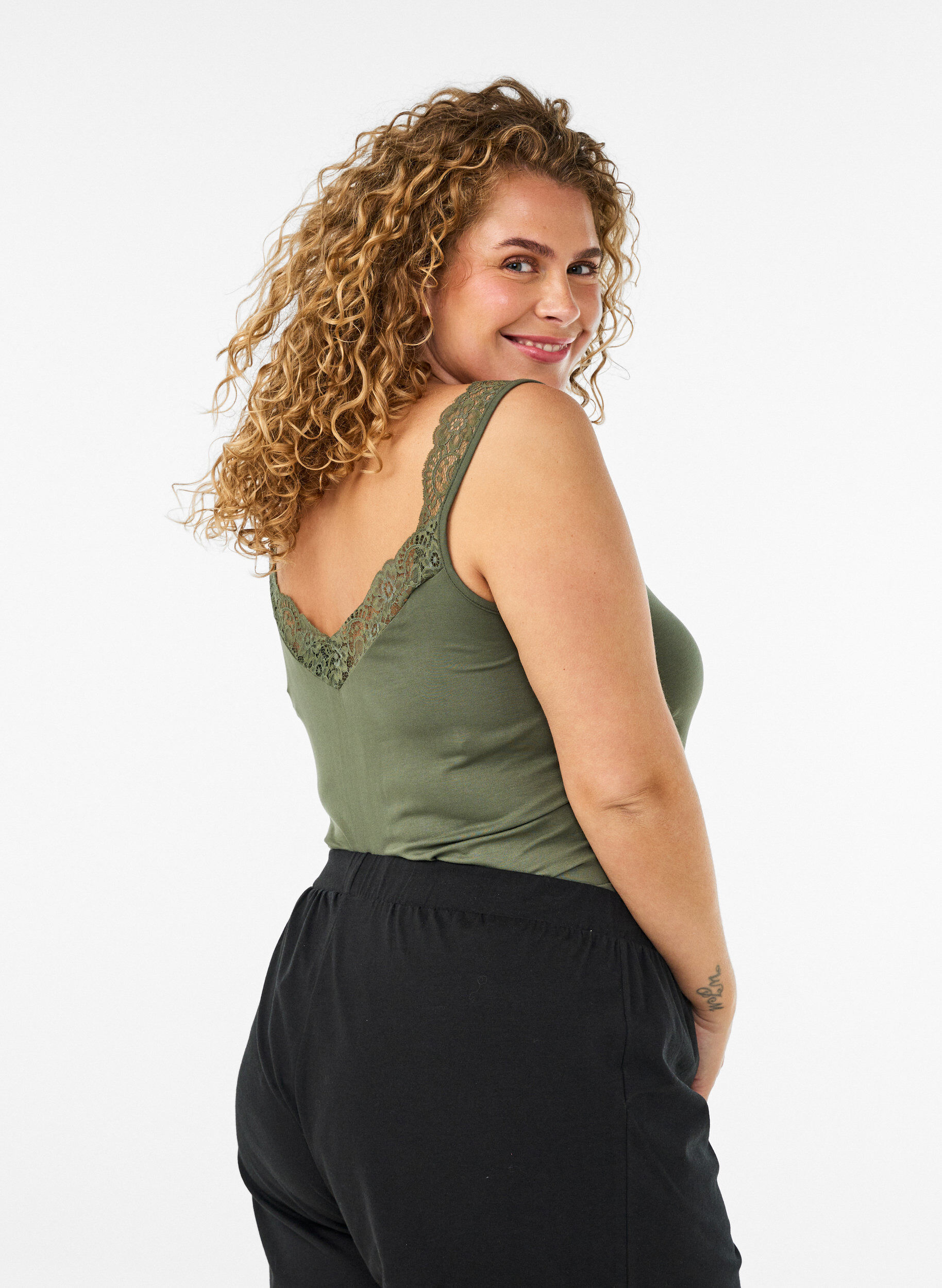 ZizzifashionViscose top with lace edge, Green, Model image number 2