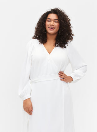 Wrap dress with long sleeves, Bright White, Model image number 2