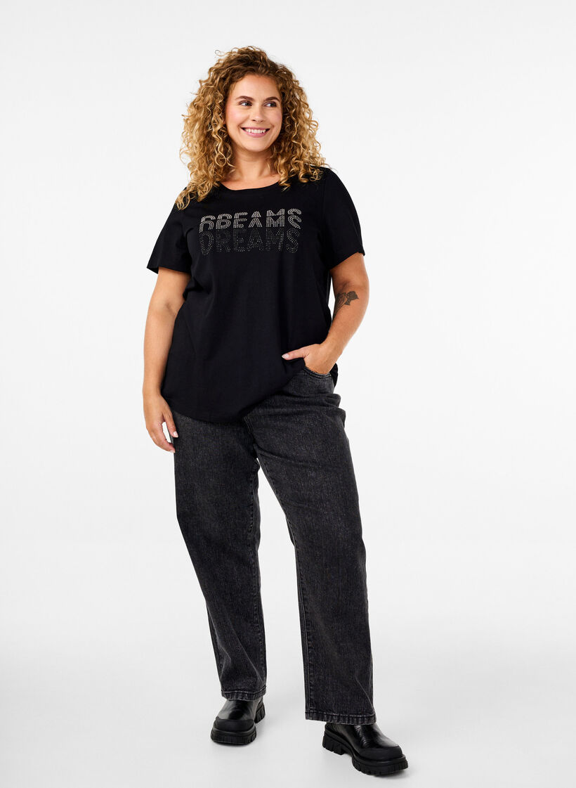 Cotton t-shirt with rhinestone motif, Black w. Dream, Model image number 2