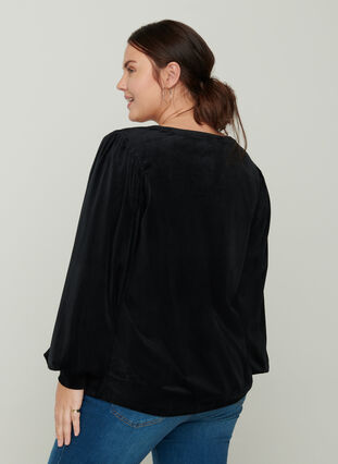 Velour blouse with long puff sleeves, Black, Model image number 1