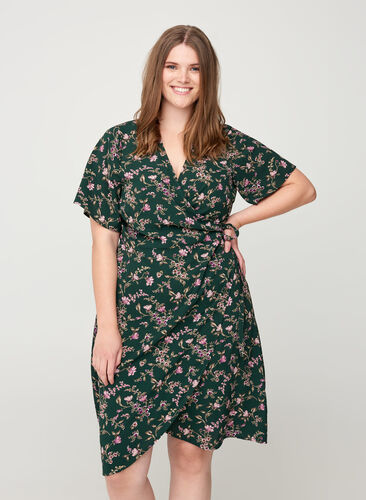 Short-sleeved wrap dress, Green w. rose, Model image number 0